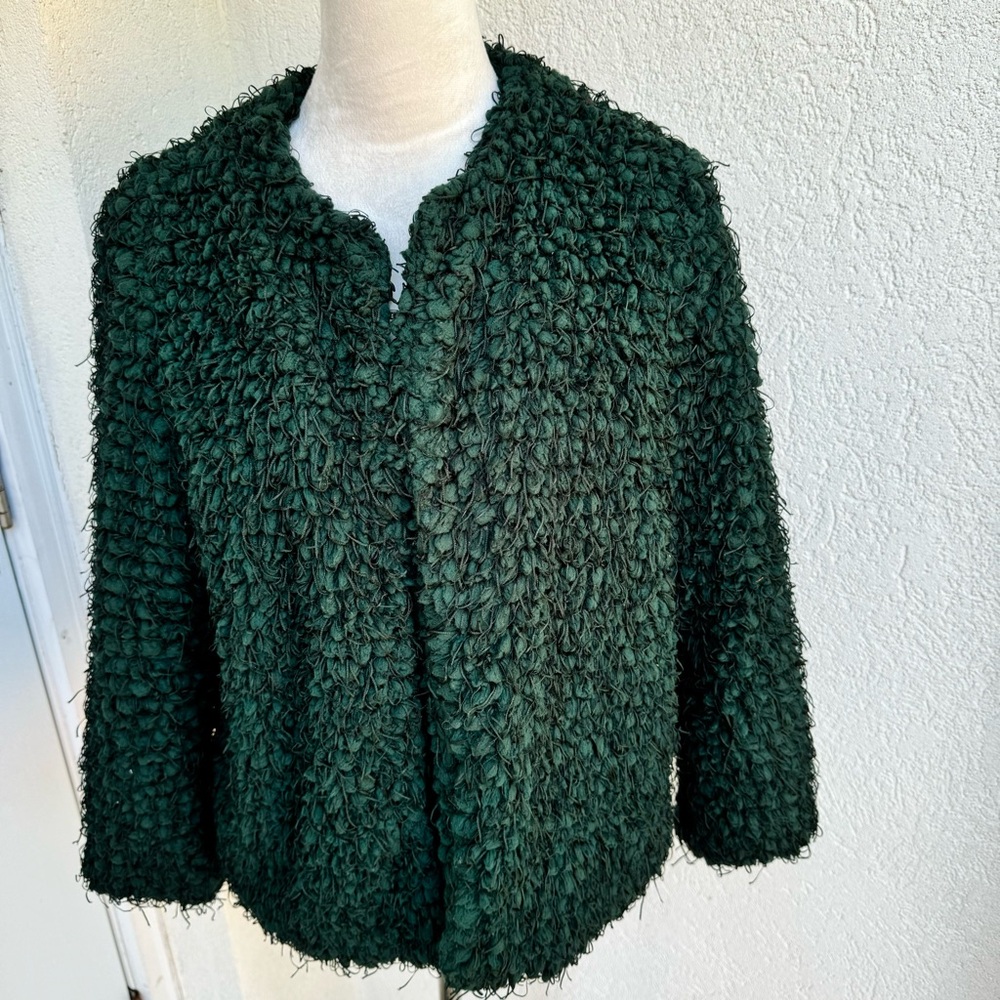 ZARA.  Teddy, Emerald Green Open Jacket. Warm and Cozy. Size Large. Fully lined. - Picture 4 of 14